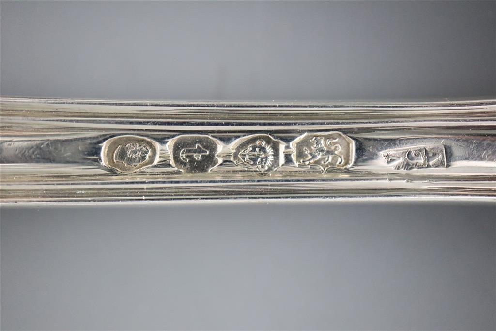 A matched part canteen of George III and later silver fiddle thread and shell pattern cutlery, weighable silver 139.5oz.